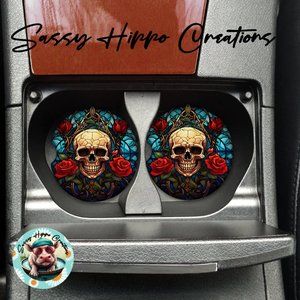 Car Coasters Skull Roses Stain Glass Spooky Creepy Halloween Set of 2 Neoprene